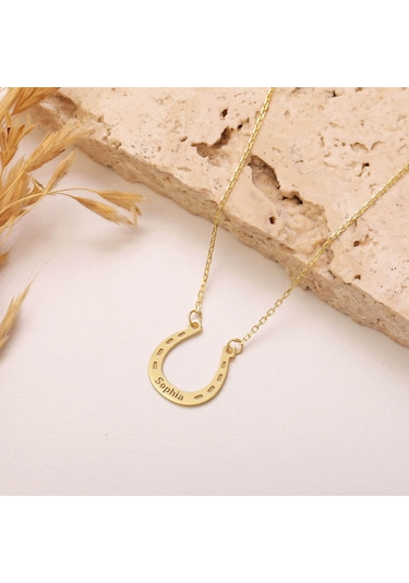 925 Ayar Gümüş İsimli Şans Sembolü Nal Kolye Gold