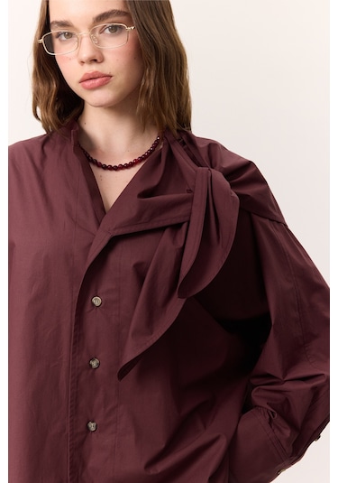 Bağlamalı Detaylı Tasarım Gömlek Bordo Bordo