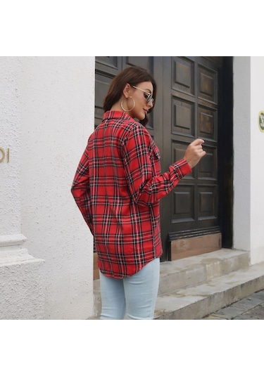 Gmxıa Kadın Modası Günlük Ekose Baskı Uzun Kollu Polo Yaka Bluzlar Ve Gömlekler Kırmızı