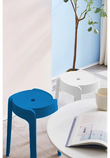 Kaymaz Ayaklı İçiçe Geçebilen Plastik Tabure 4adet-lacivert Beyaz