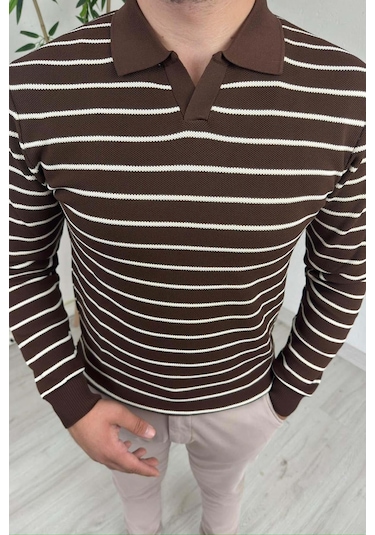 Explode - Erkek Kahve Çizgili Polo Yaka Oversize Triko Kazak Kahverengi
