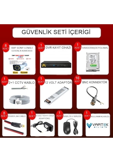 8 Kameralı Gece Renkli 5mp Lensli 1080p Fullhd Kamera Seti