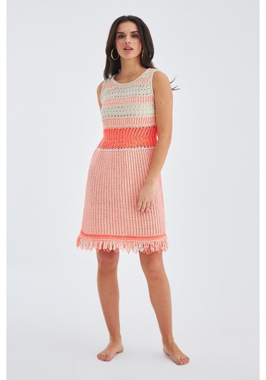 Peraluna Kiyo Dress Kolsuz Pamuklu Diz Hizası Yazlık Kadın Elbise Bej- Neon Turuncu