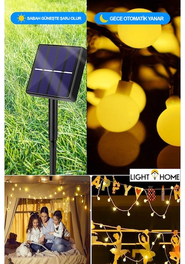 Lighthome Güneş Enerjili Işıklar 50 Led Sarı Opak Küre 8 Modlu Parti Bahçe Dekoratif Aydınlatma 7 M