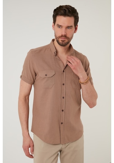 Buratti Düğmeli Yaka Pamuklu Slim Fit Cepli Erkek Gömlek Cf21S111153 Toprak