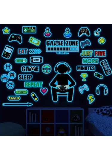 Youmex Oyun Odası Dekorasyonu Işıklı Duvar Stickerı - Oyun Kontrolcüsü, Konsol Ve Motivasyonel Sözler Desenli, 30x20 Cm, Kız Erkek Odası Duvar Dekoru Beyaz