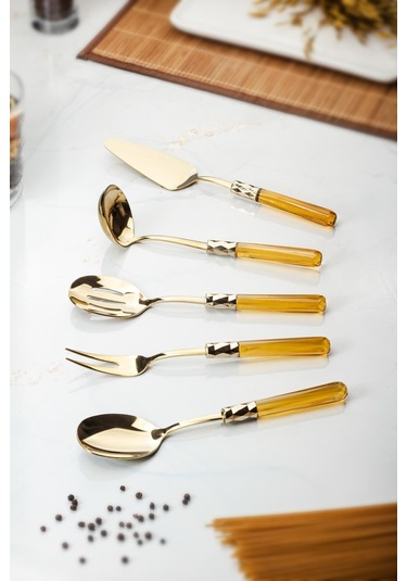 5 Parça Gold Servis Seti & Servis Sunum Seti Amber Kepçe / Kevgir / Sıpatula / Çatal / Kaşık Diğer