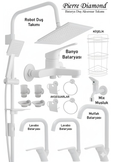 8962 Mutfak Lavabo Banyo Bataryası Robot Duş Takımı Köşe Borulu Musluk Armatür Siyah Beyaz Krom Renkler Beyaz