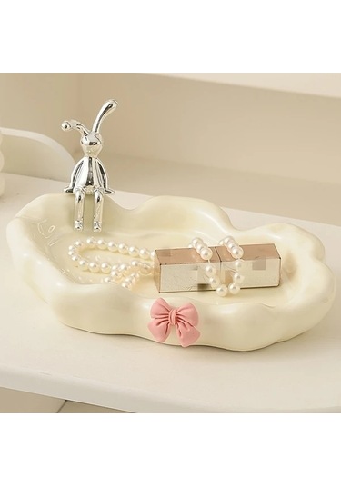 Maxaccess Beyaz Tavşanlı Porselen Tepsi: Takı, Kozmetik, Anahtar İçin Dekoratif Saklama Kutusu Beyaz