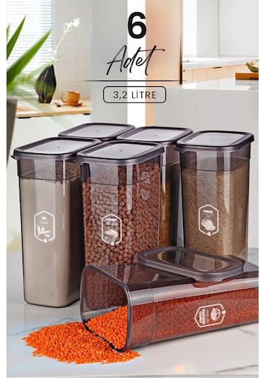 Kitchen Life 6'lı Mega Boy Etiketli Dikdörtgen Erzak Saklama Kabı Seti 3200ml Çay Şeker Saklama Kabı 3.2 Litre Antrasit