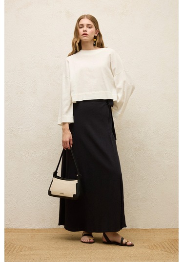 Manuka Pamuklu Geniş Kol Crop Bluz Ekru