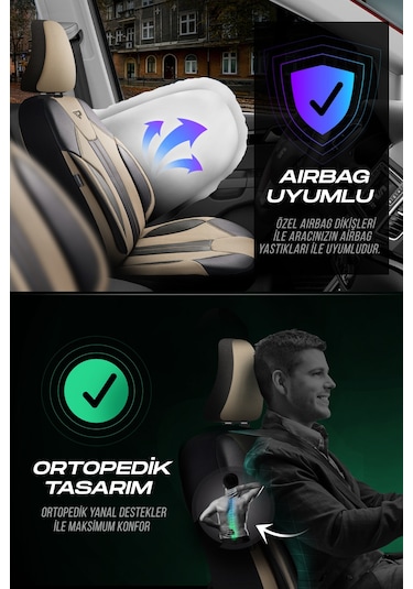 Bej - Siyah Panda Carlone Serisi Ful Deri Oto Koltuk Kılıfı - Tam Set