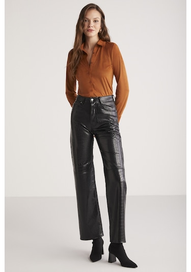 Ethıquet Peyton Kadın Slim Fit Dar Kesim Suni Süet Klasik Örme Taba Gömlek