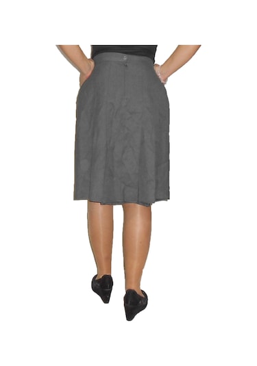 Koyu Gri Pileli Diz Boyu Etek Gri