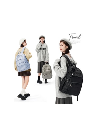 Wangxi Siyah Çok Bölmeli Laptop Sırt Çantası Büyük Kapasiteli Dayanıklı Nylon Çerçeve Ayarlanabilir Askılı Çok Cepli Seyahat İş Çantası Şık Açık Mavi Siyah Tasarım Fermuarlı Kapatma Siyah