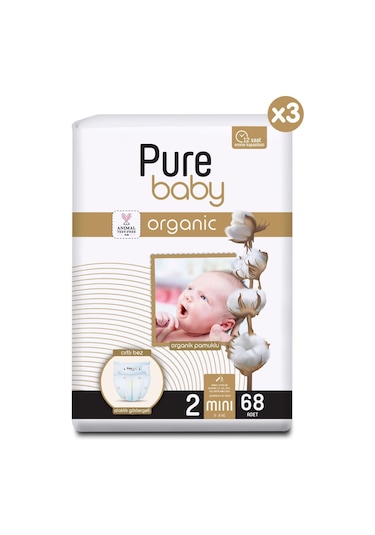 Pure Baby Organik Pamuklu Cırtlı Bez 3'lü Paket 2 Numara Mini 204 Adet 3'lü