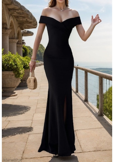 Kadın Kayık Yaka Dekolteli Kolsuz Dalgıç Elbise Siyah