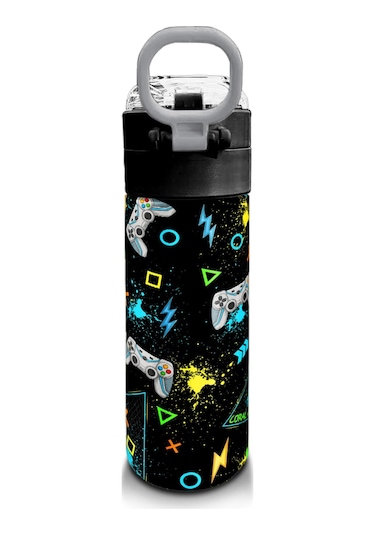 Coral High Kids Siyah Fosforlu Yeşil Gamer Desenli Pipetli Ve Direkt İçim Çelik Termos 500 Ml 31817 Siyah