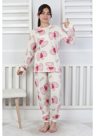 Tangled Hearts Desenli Kız Çocuk Pijama Takımı 8-13 Ekru