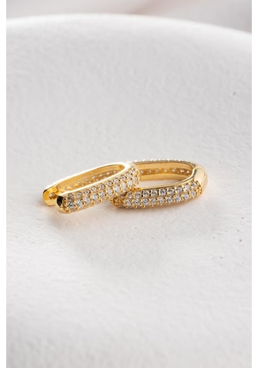 925 Ayar Gümüş Gold Kaplama U Şeklinde Zirkon Taşlı Küpe Gold