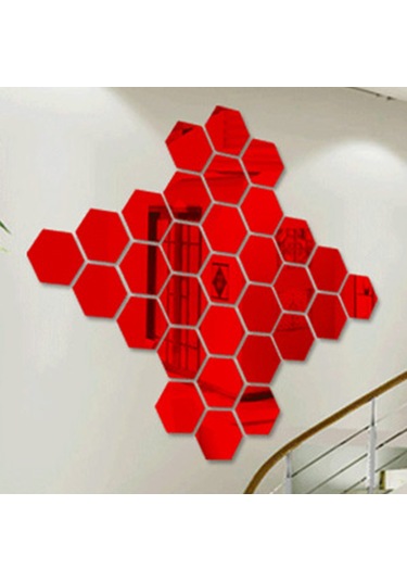 Jeehugo Kırmızı Akrilik Yansımalı Hexagon Duvar Sticker Seti 12 Adet - 4.6x4.6 Cm Küçük Boy - Oturma Odası, Koridor Dekorasyonu - Parlaklık Verici, Modern Tasarım Kırmızı