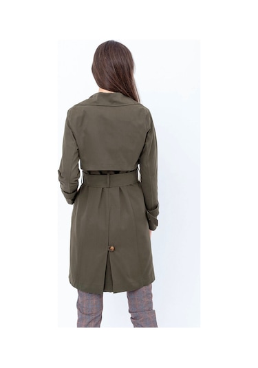 Pastelastore %100 Pamuk Gabardin Midi 95cm Astarlı Kemerli Kadın Trençkot 1113 Haki