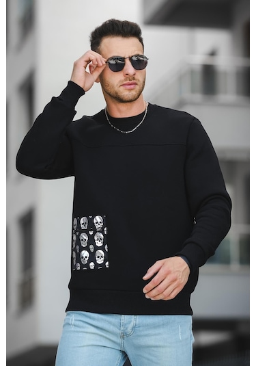 Trc 2173 Üç İplik Şardonlu Kuru Kafa Baskılı Cep Detaylı Erkek Sweatshirt 001