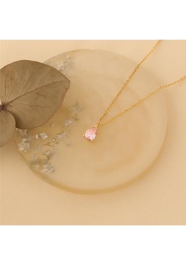 925 Ayar Gümüş Pembe Damla Taşlı Kolye