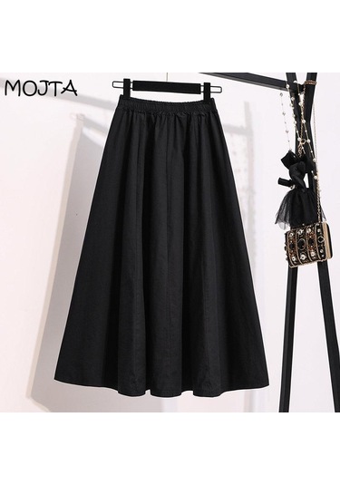 Mojta Kadın Giyim Yüksek Bel Bahar Sonbahar Artı Boyutu Ince A-line Etek Gevşek Rahat Orta Uzunlukta Etek Siyah