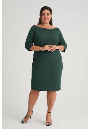 Kadın Yeşil Carmen Yaka Truvakar Kol Büyük Beden Esnek Krep Elbise-yeşil Yeşil