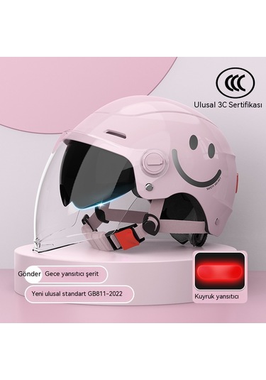 Yy SQ668 Kulak Muhafızları Çift Ayna Kuyruk Işık Açık Motosiklet Kaskı Pembe