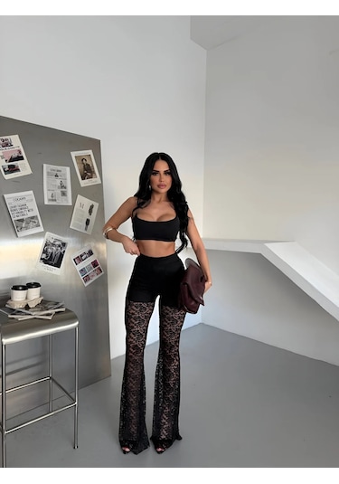 Havens Lace Kabartmalı İspanyol Paça Pantolon Siyah