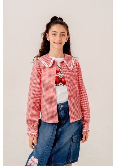 Kız Çocuk Su Taşlı Gömlek T-shirt İkili Takım 1805 Kırmızı