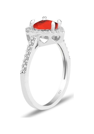 Gümüş Rodyumlu Kırmızı Taşlı Pırlanta Montürlü Kalp Modeli Yüzük