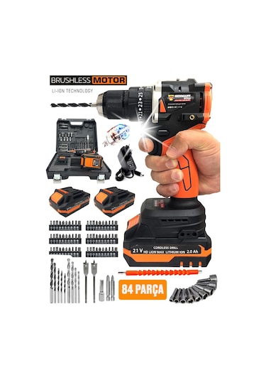 Germany Style MS8006 21V Çift Akülü Vidalama Çelik Mandren Kömürsüz Motor Darbeli Şarjlı Matkap