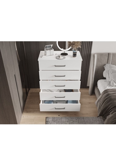 Şifonyer Beş Çekmeceli Aynalı Parlak Beyaz Beyaz