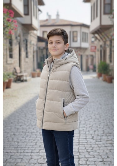 Pina Kids Erkek Çocuk Kapüşonlu Şişme Yelek Bej