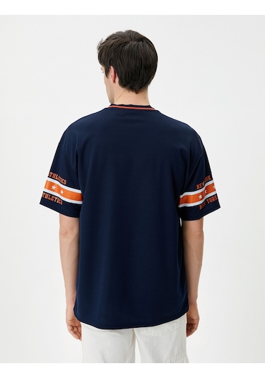 Koton Tişört Spor Baskılı Renk Bloklu Bisiklet Yaka Lacivertvert 4Sam10137Hk Lacivert