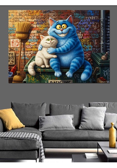 Mavi Şişman Kedi Ve Arkadaşı Dekoratif Kanvas - Mdf Ahşap Tablo