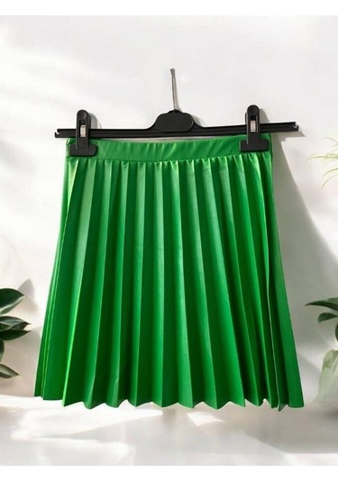 Kız Çocuk Beli Lastikli Pileli Deri Etek-14412 Yeşil