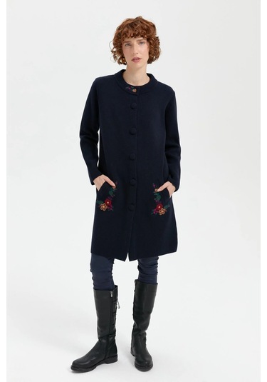 Desen Triko Kadın Dik Yaka Cebi İşlemeli Uzun Yün Kaban 24012 Koyu Lacivert Koyu Lacivert