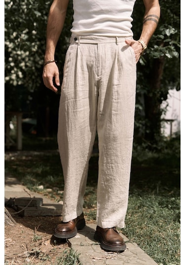 Carlo Naturel Keten Erkek Pantolon Natürel