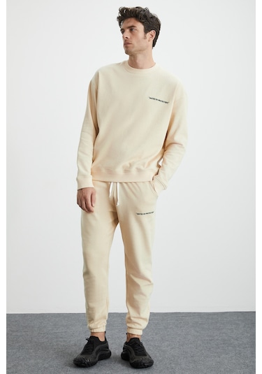 Marshall Erkek Pamuklu Içi Polarlı Nakışlı Relaxed Vanilya Eşofman Takımı