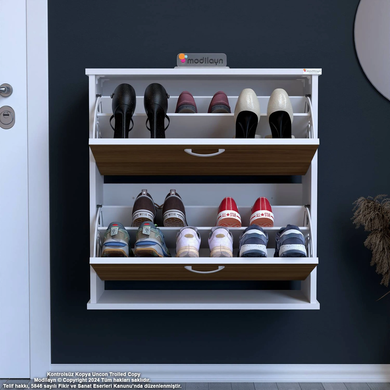 Asaf Ceviz Renk 72 Cm Asma Ayakkabılık Antre 2 Düşer Kapak 4 Göz Raf Ayakkabılık 72x74x25,5 Cm Ceviz