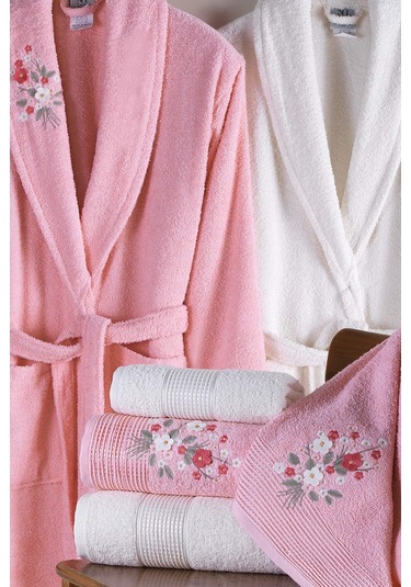 Newhome Mimoza 6 Parça Kutulu %100 Pamuk Aile Bornoz Seti Pembe/krem Karışık