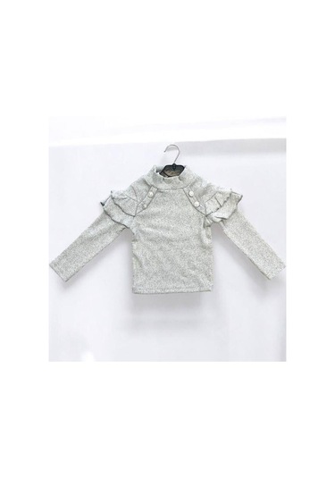 Kız Çocuk Kışlık Kolları Fırfırlı Örme Kazak-14423 Gri