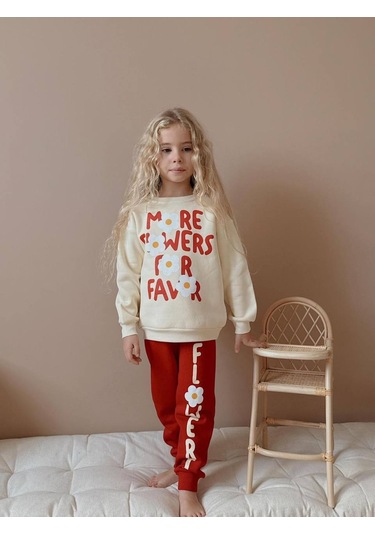 Kız Çocuk Papatya Desenli 3 İplik Şardonlu Takım Kırmızı