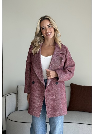 Bordo 1. Sınıf Kalite Balık Sırtı Oversize Kaşe Kaban Bordo