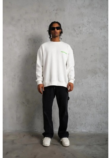 Erkek Oversize Sweatshirt Beyaz Renk Ön Ve Sırt Baskılı, Üç İplik İçi Pamuklu Kumaş, Rahat Kalıp Beyaz