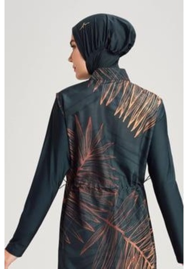 Haşema 3049 Yeşil Gold Yaprak Detaylı Jileli 5 Parça Tesettür Mayo Takımı Çok Renkli
